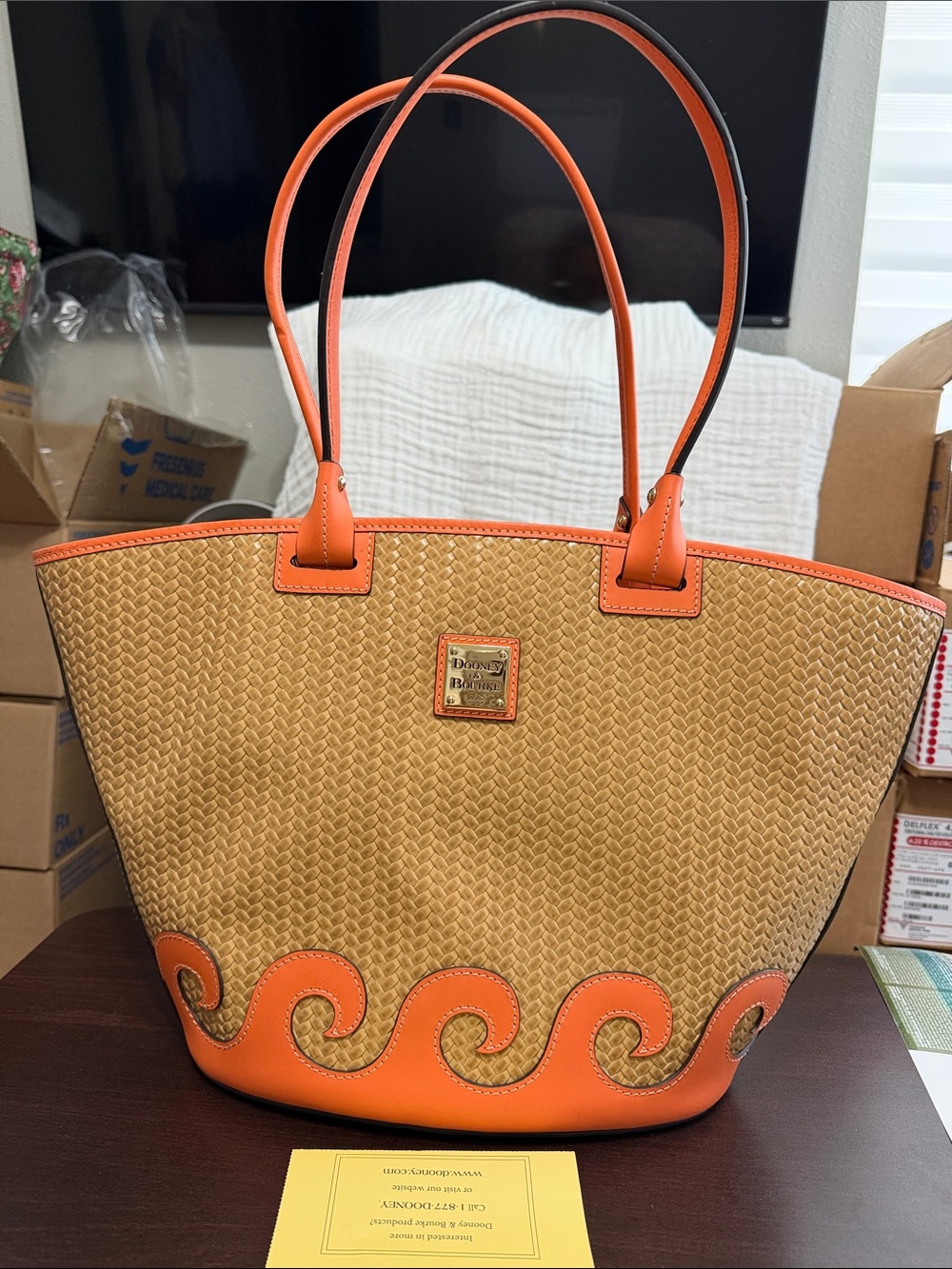 Dooney & Bourke Tan Woven Tote with Orange Leather Trim